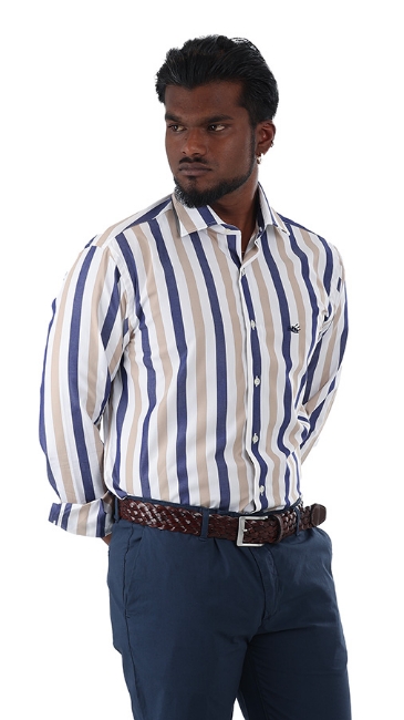 CAMICIA A RIGHE CON COLLO CLASSICO - BLU/BEIGE/BIANCHE