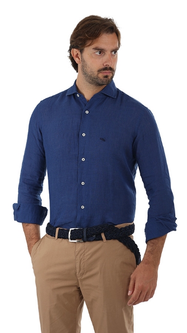 CAMICIA DI LINO CON COLLO CLASSICO BLU
