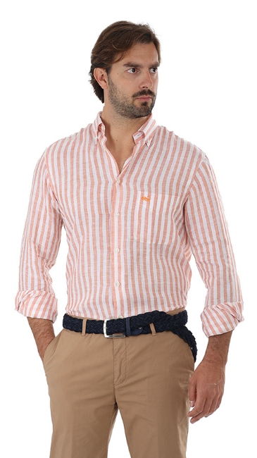 CAMICIA LINO A RIGHE ARANCIONI
