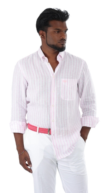 CAMICIA LINO A RIGHE SOTTILI ROSA