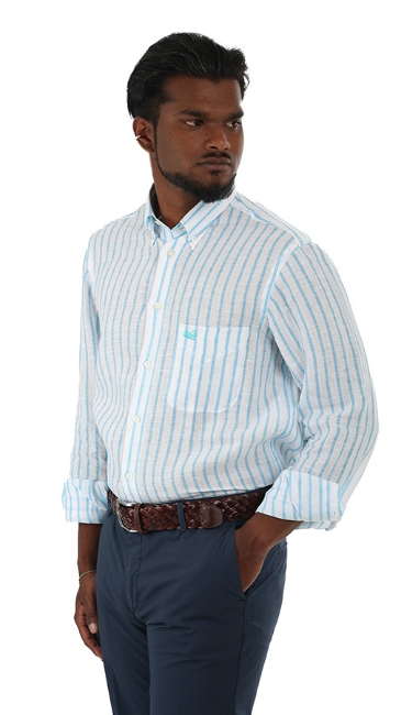 CAMICIA LINO A RIGHE SOTTILI AZZURRE